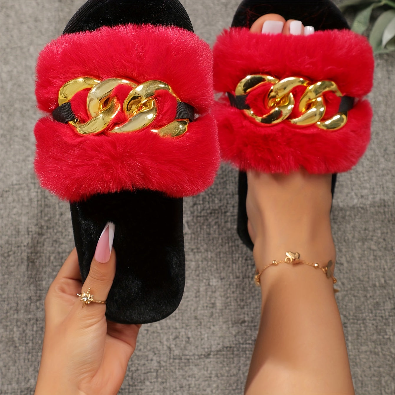 Chain Decor Furry Slippers, Casual Slip On Plush Shoes, Comfortable Indoor Home Slippers